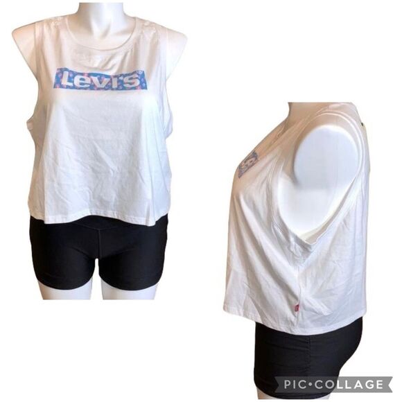 Levis Womens Tank Top Shirt Leopard Print Logo Sleeveless Athletic Crop XXL - Picture 1 of 13